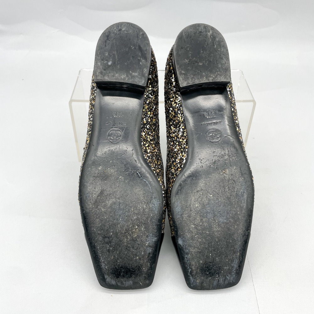 Chanel Womens 38.5 8.5 Glitter Loafers CC Black Gold Patent Leather Cap Toe Flat - Picture 8 of 9